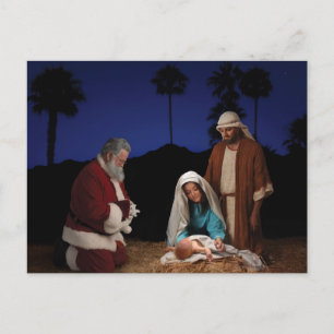 Santa kneeling at Nativity Holiday Postcard