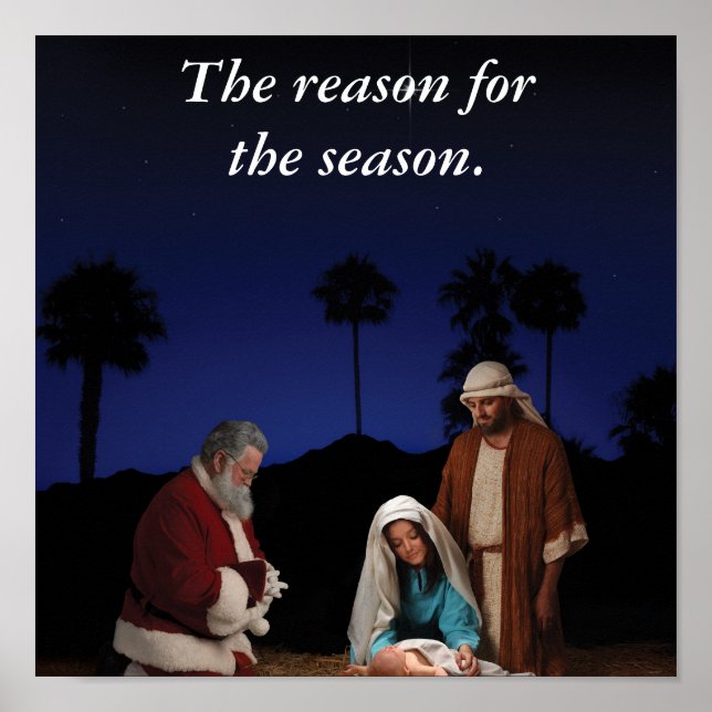 Santa Kneeling at Nativity Poster (Front)