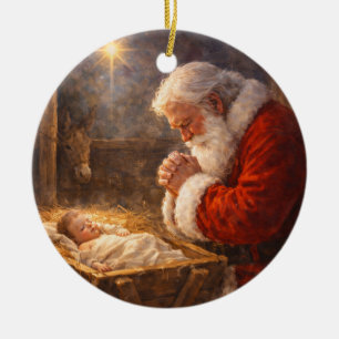 Santa Kneeling at the Manger Nativity Ceramic Ornament