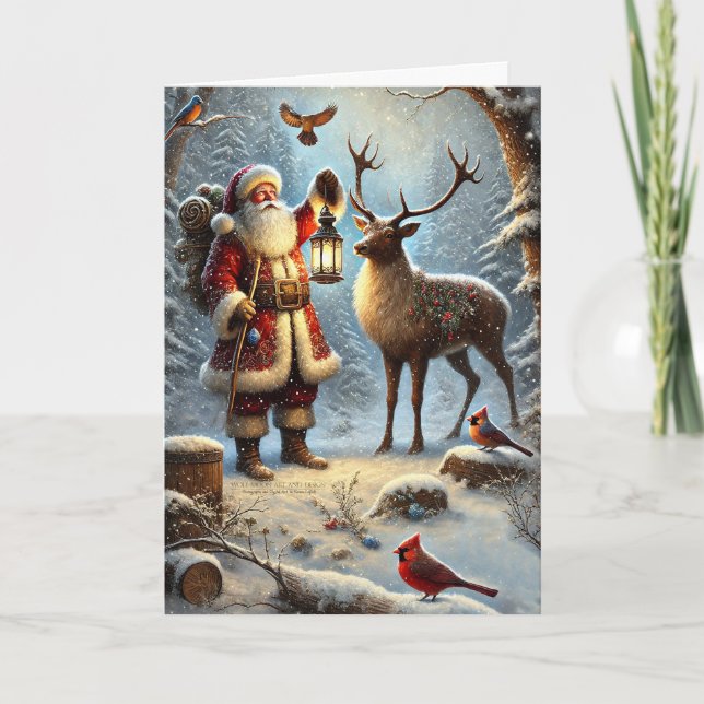 Santa Lantern Reindeer Birds Snowy Forest 1 Holiday Card (Front)
