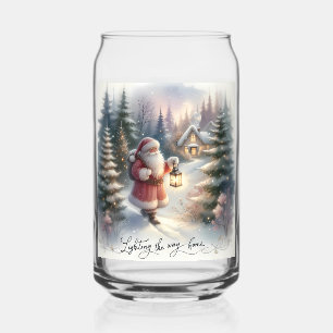 Santa Lantern Walk Winter Cottage Scene Can Glass