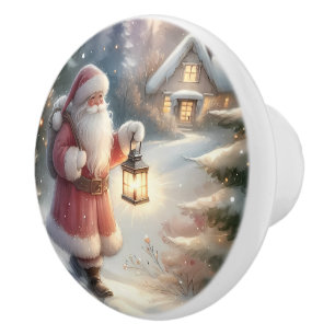 Santa Lantern Walk Winter Cottage Scene Ceramic Knob