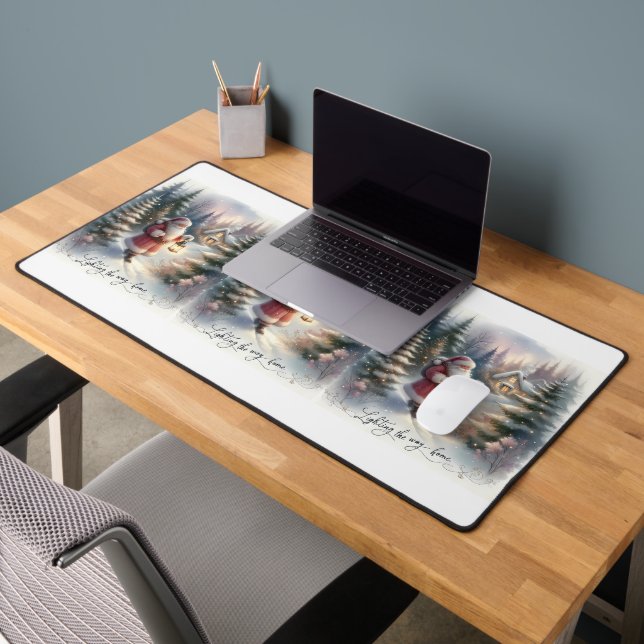 Santa Lantern Walk Winter Cottage Scene Desk Mat (Office 2)