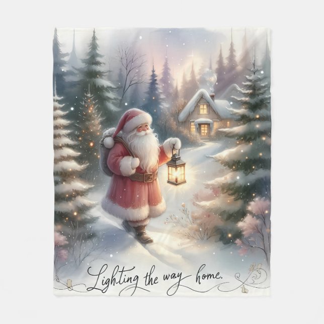 Santa Lantern Walk Winter Cottage Scene Fleece Blanket (Front)