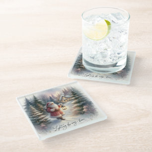 Santa Lantern Walk Winter Cottage Scene Glass Coaster
