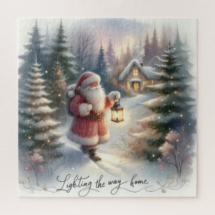 Santa Lantern Walk Winter Cottage Scene Jigsaw Puzzle