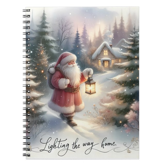 Santa Lantern Walk Winter Cottage Scene Notebook (Front)