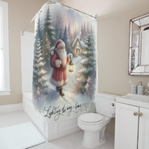 Santa Lantern Walk Winter Cottage Scene Shower Curtain