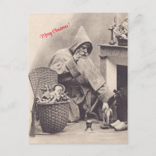 Santa Leaves Gifts on Fireplace Vintage Christmas Postcard