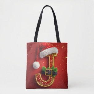 Santa Letter J Monogram Holiday Wreath 🎅 Tote Bag