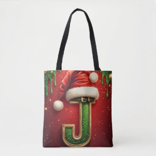 Santa Letter J With Evergreen Holiday Wreath 🎅 Tote Bag