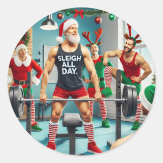 Santa lifting classic round sticker