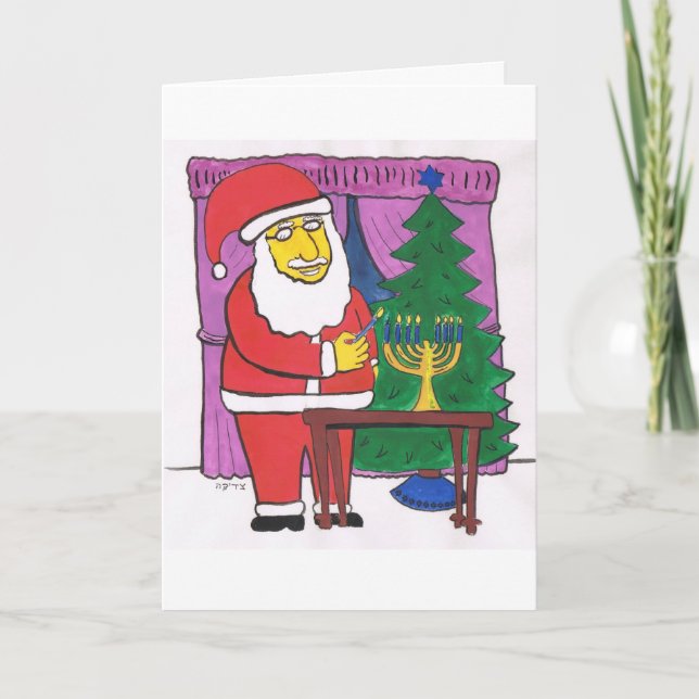 Santa Lighting a Menorah Holiday Card (Front)