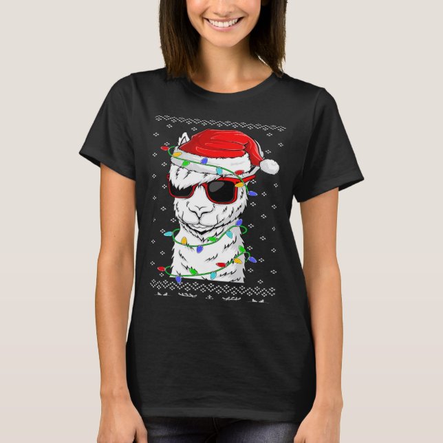 Santa Llama  Christmas Lights Ugly Llama Xmas T-Shirt (Front)