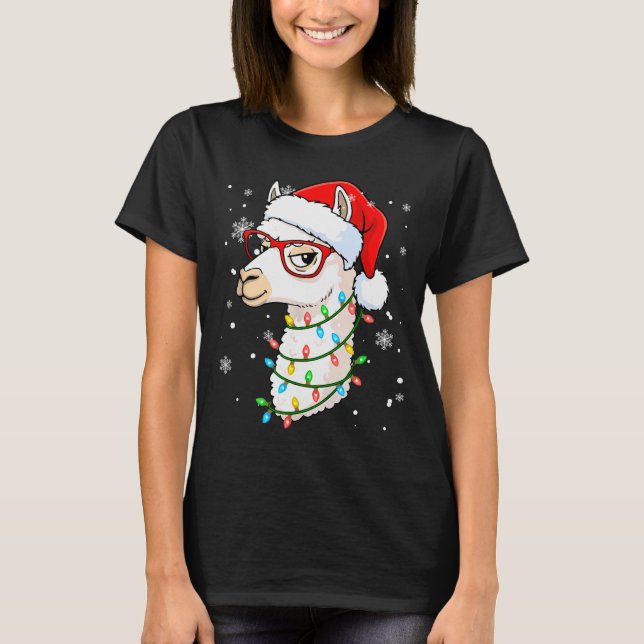 Santa Llama Face Christmas Colorful Lights Matchin T-Shirt (Front)