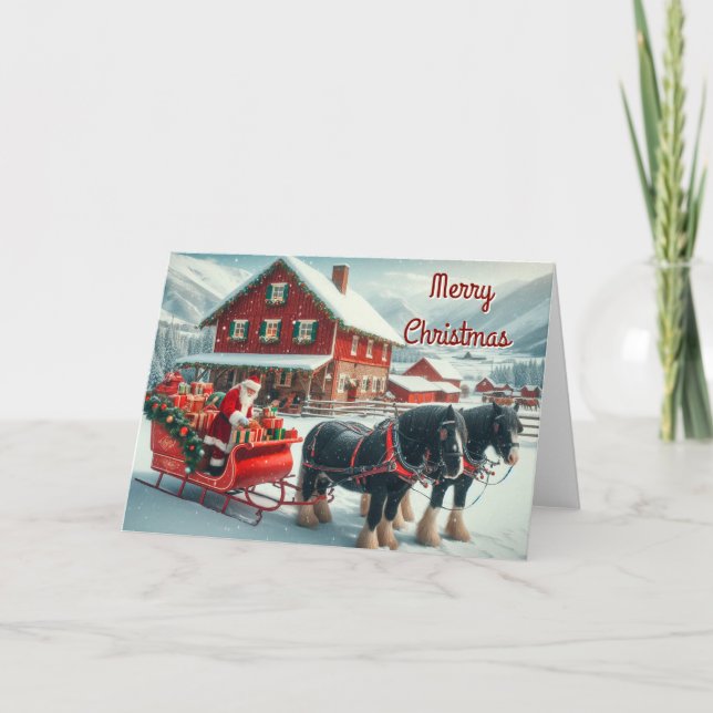 Santa Loading a Horse Drawn Sleigh Christmas Card (Front)
