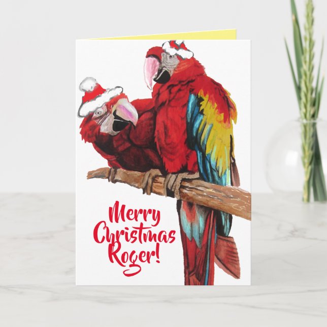 Santa Macaws Red Parrot Christmas Card (Front)