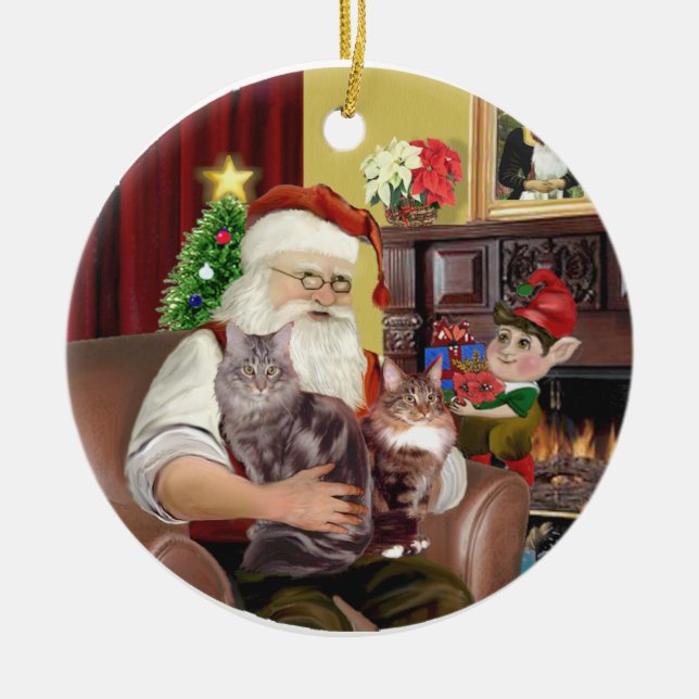 Santa - Maine Coon cat 10 Ceramic Tree Decoration (Front)