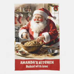 Santa Making Fruitcake Personalised Christmas Tea Towel