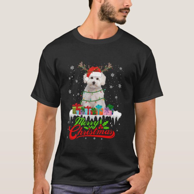 Santa Maltese Dog Christmas Pyjamas Xmas Lights T-Shirt (Front)