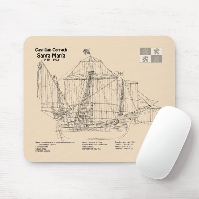 Santa Maria - Ship Blueprint Plans SD Mouse Pad (With Mouse)