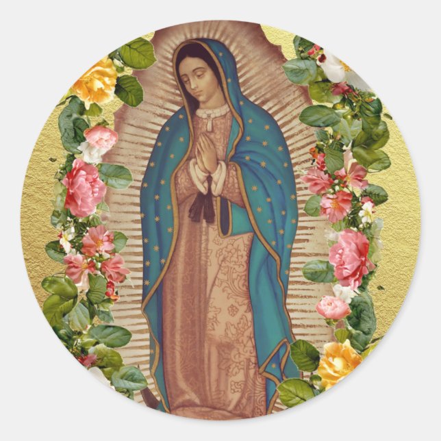 Santa Maria, Virgen de Guadalupe Mother Mary Roses Classic Round Sticker (Front)