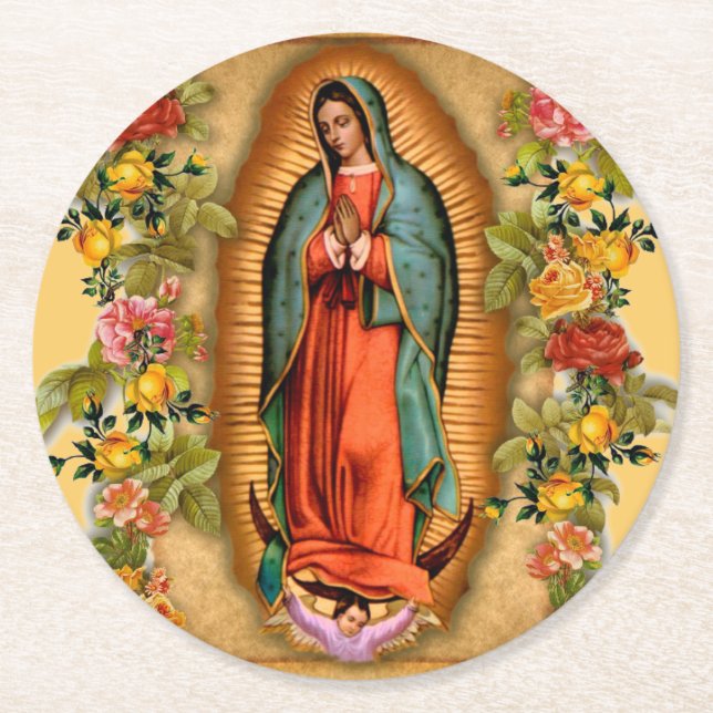 Santa Maria, Virgen de Guadalupe Mother Mary Roses Round Paper Coaster (Front)