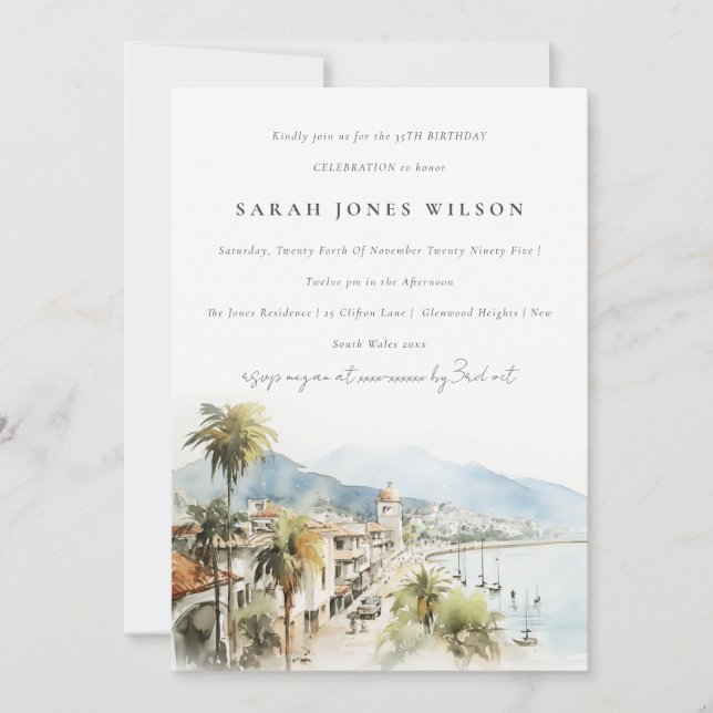 Santa Marta Colombia Watercolor Landscape Birthday Invitation (Front)