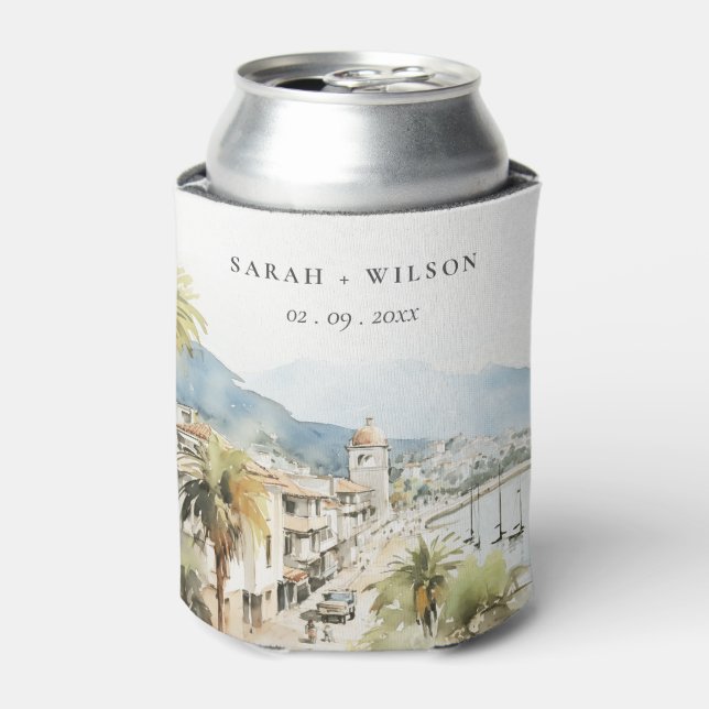 Santa Marta Colombia Watercolor Landscape Wedding Can Cooler (Can Front)