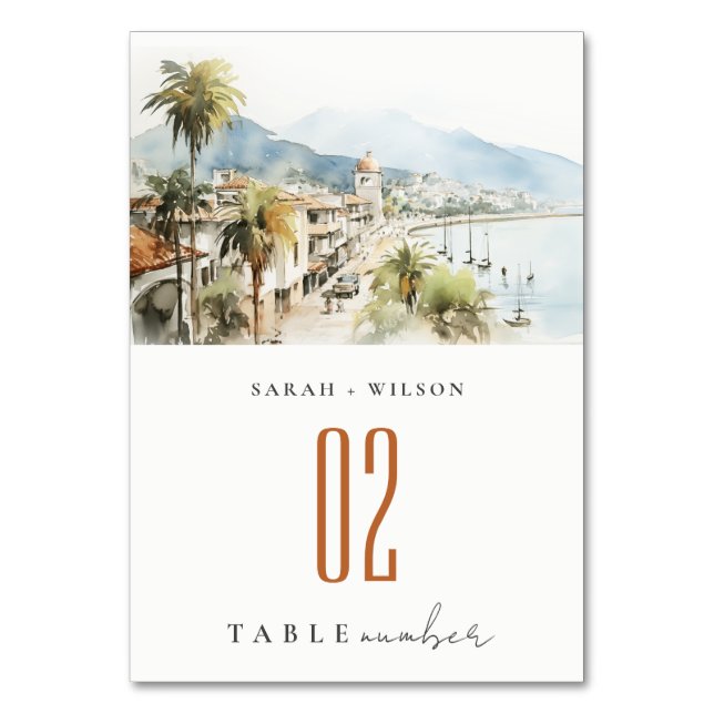 Santa Marta Colombia Watercolor Landscape Wedding Table Number (Front)