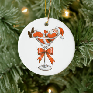 Santa Martini Coquette Girly Christmas Bow Festive Ceramic Ornament