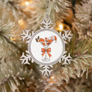 Santa Martini Coquette Girly Christmas Bow Festive Snowflake Pewter Christmas Ornament