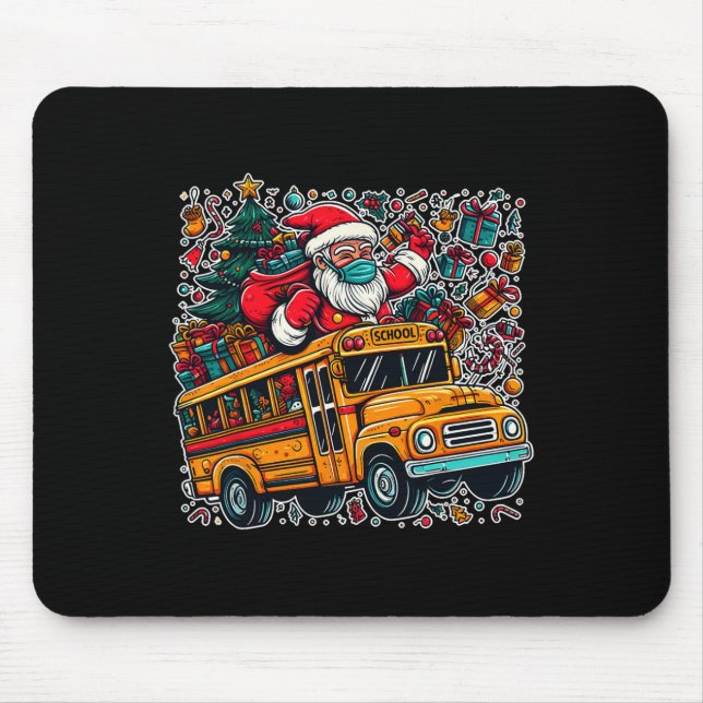 Santa Mask Riding School Bus Driver Funny Christma Mouse Pad (Front)