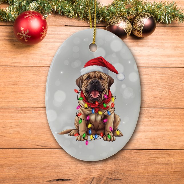 Santa Mastiff Dog Wrapped in Christmas Lights  Ceramic Ornament (Creator Uploaded)