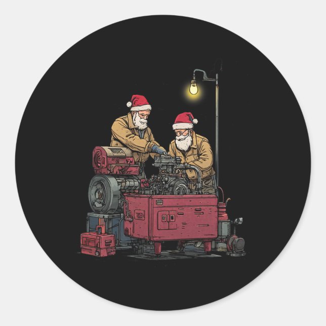 Santa Mechanic Christmas Funny Workshop Engine Rep Classic Round Sticker (Front)