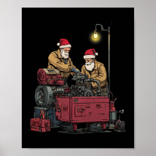 Santa Mechanic Christmas Funny Workshop Engine Rep Poster