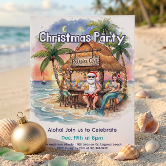 Santa Mermaid Reindeer Tiki Bar Tropical Christmas Invitation