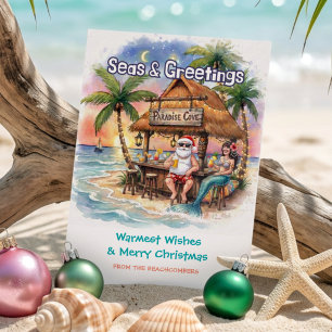 Santa Mermaid Tiki Bar Tropical Christmas Holiday Card