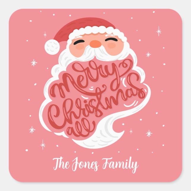Santa, Merry Christmas All, Family Name Pink Square Sticker (Front)