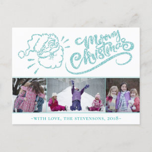 Santa Merry Christmas Modern Turquoise 3 Photo Holiday Postcard
