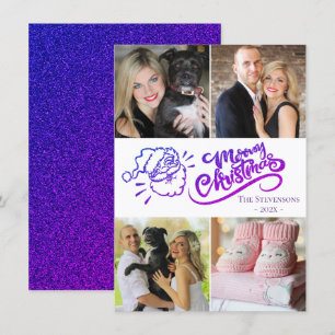 Santa Merry Christmas Ombre Blue Purple 4 Photo Holiday Card