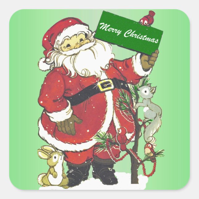 Santa Merry Christmas Sign Forest Animals Green Square Sticker (Front)