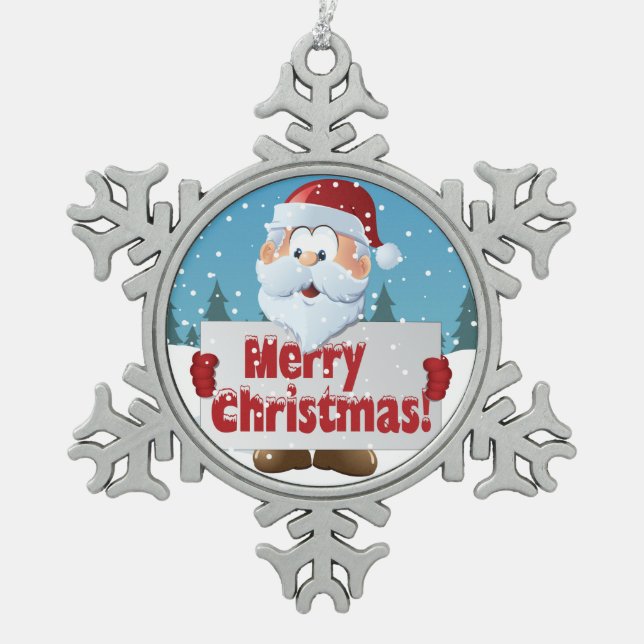 Santa Merry Christmas Sign in Snow Snowflake Pewter Christmas Ornament (Front)