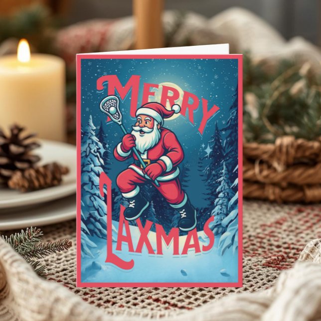 Santa Merry Laxmas Lacrosse Christmas Photo Card (Festive “Merry Laxmas” holiday greeting card with Santa playing lacrosse in a winter forest)
