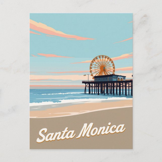 Santa Monica Beach Pier Vintage Art Postcard (Front)