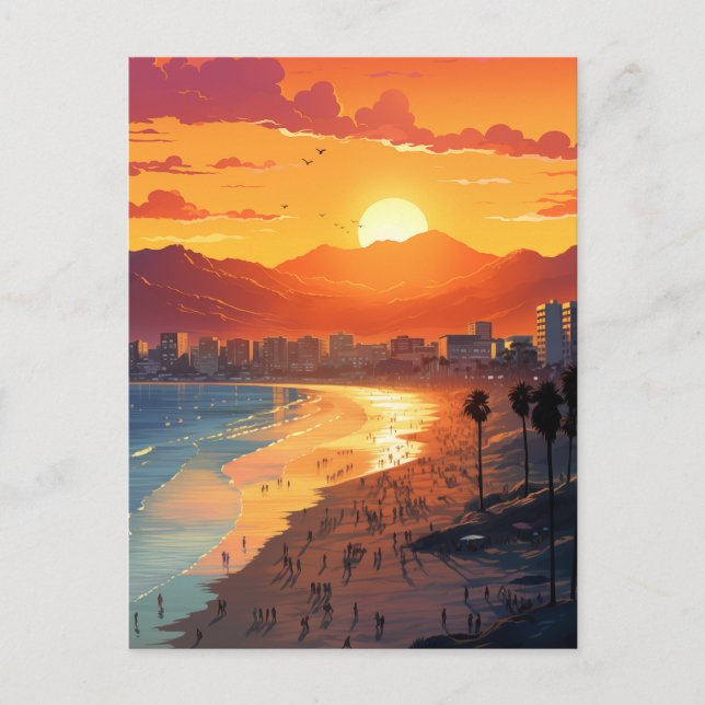 Santa Monica Beach Sunset with Palm Trees Holiday Postcard (Front)