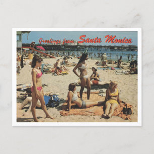 Santa Monica CA, Greetings, Beach Scene 1970 Retro Postcard
