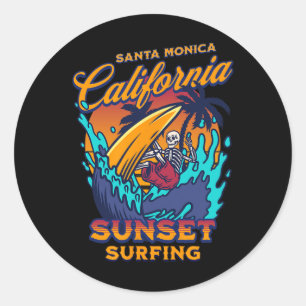 Santa Monica California Surfing Skeleton Sunset Su Classic Round Sticker