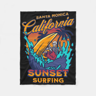 Santa Monica California Surfing Skeleton Sunset Su Fleece Blanket