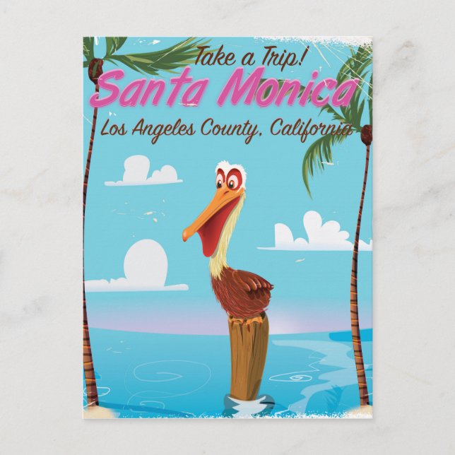 Santa Monica Cartoon retro travel poster Postcard (Front)